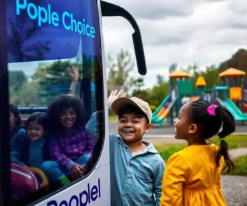 a group of kids standing next to a bus