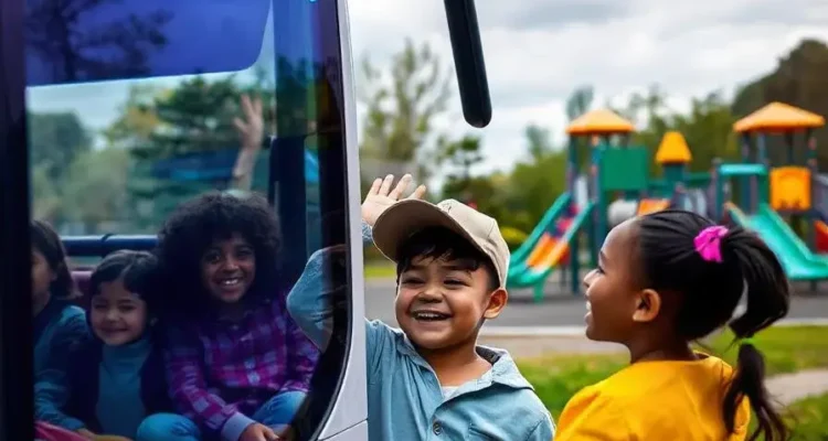 a group of kids standing next to a bus