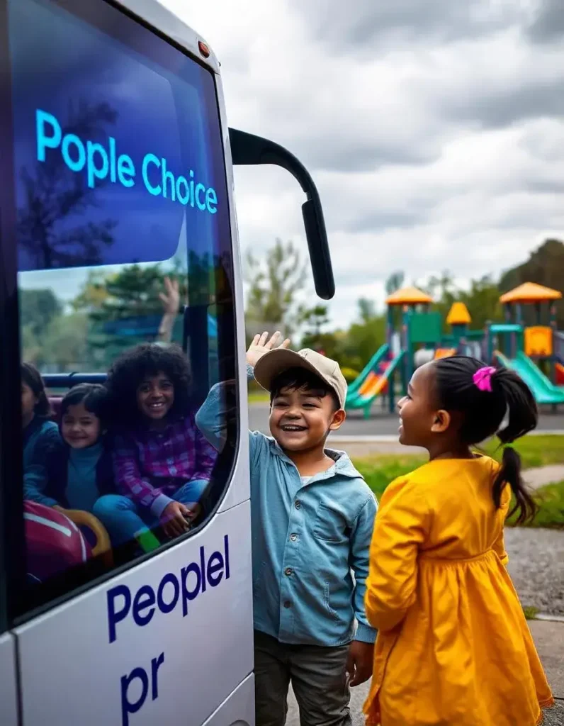 a group of kids standing next to a bus